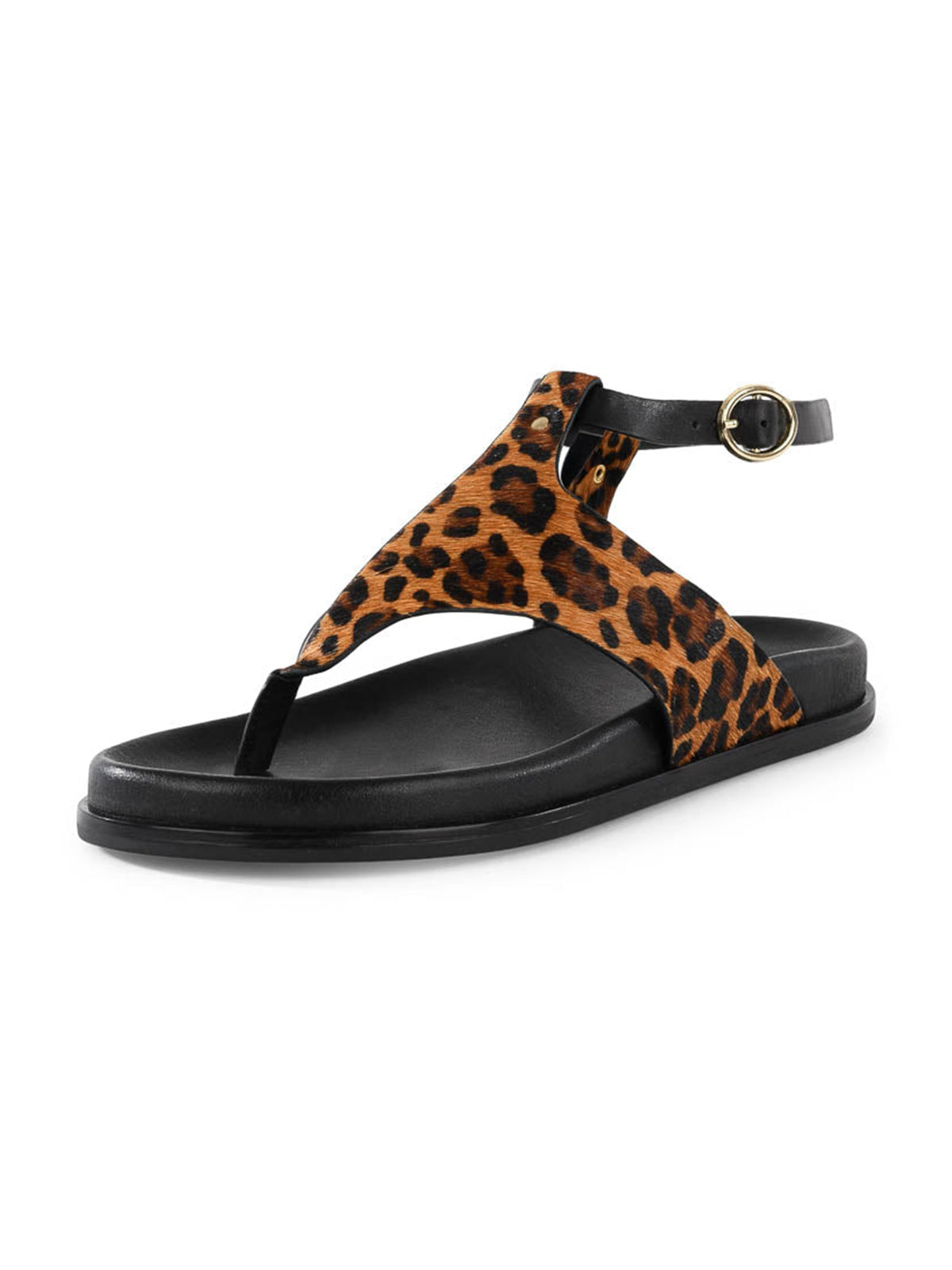 Leopard Pattern Round-Toe T-Strap And Ankle Strap Flats Sandals