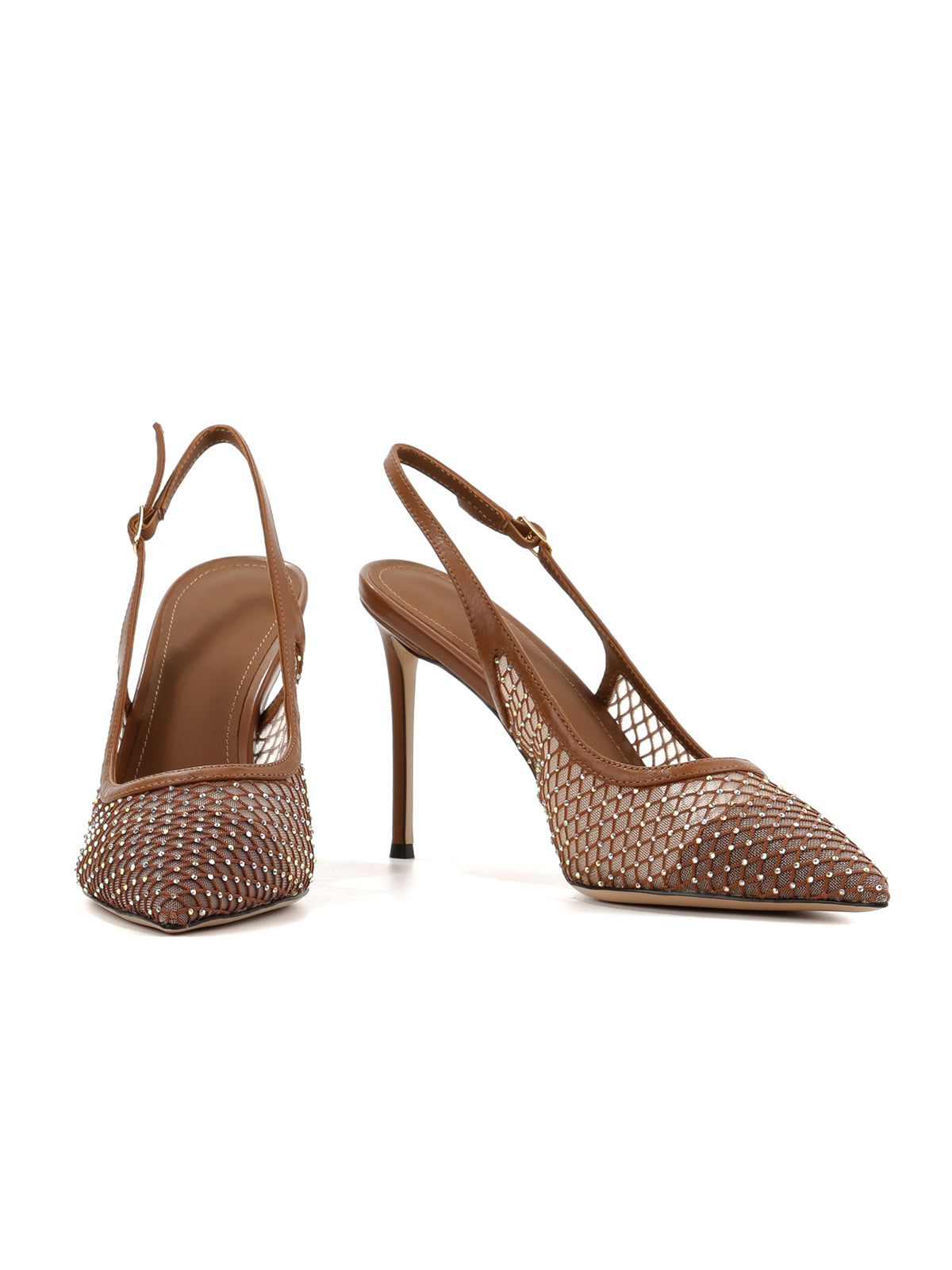 Brown Mesh With Rhinestones Pointed-Toe Back Strap High Heels
