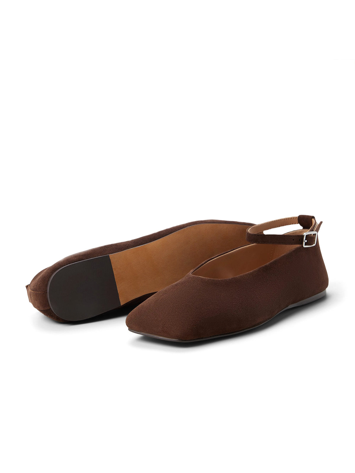 Dark Brown Faux Suede Square-Toe Ankle Strap Ballet Flats