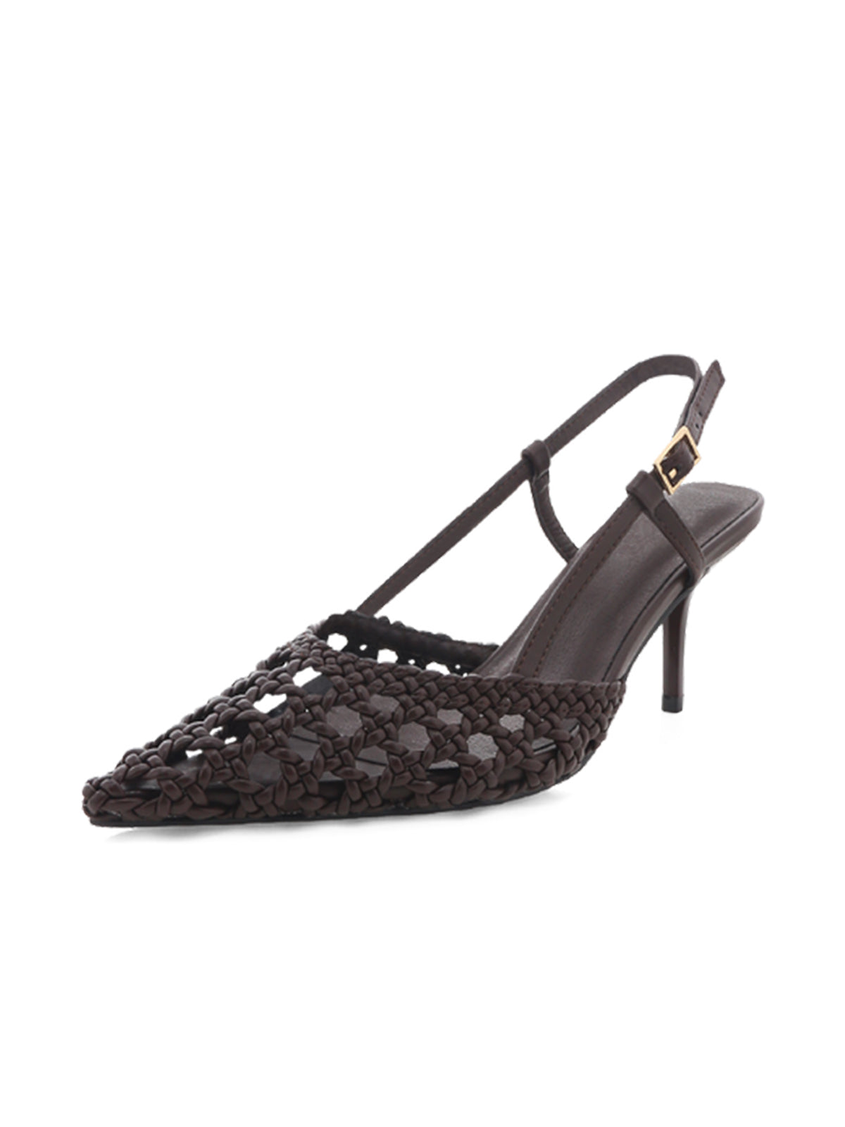 Chocolate Vegan Leather Woven Pointed-Toe Slingback Kitten Heels
