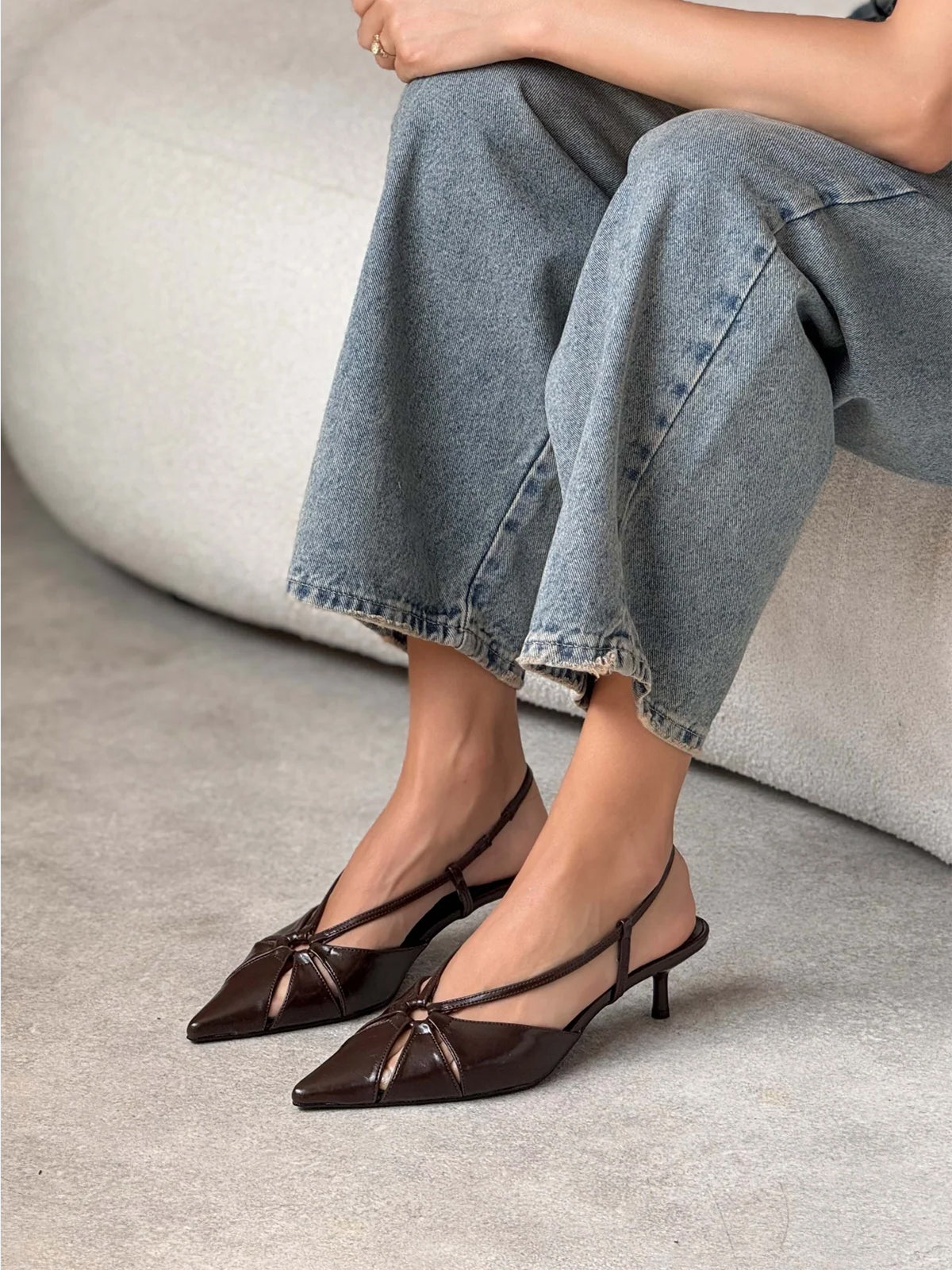 Brown Pointed-Toe Elastic Strap Slingback Kitten Heels