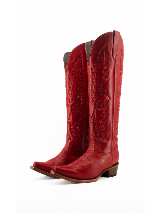 Studs And Embroidery Snip-Toe Classic Half-Zip Knee High Cowgirl Boots – Red