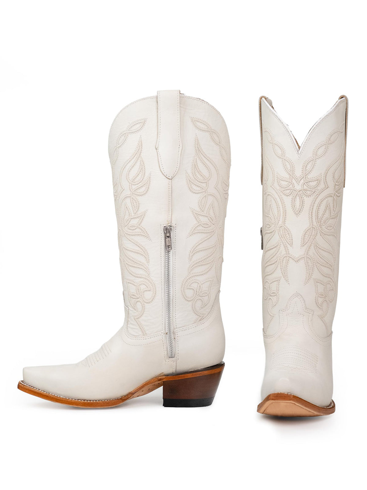 Snip-Toe Sleek Embroidery Half-Zip Knee High Cowgirl Boots For Woman - Ivory