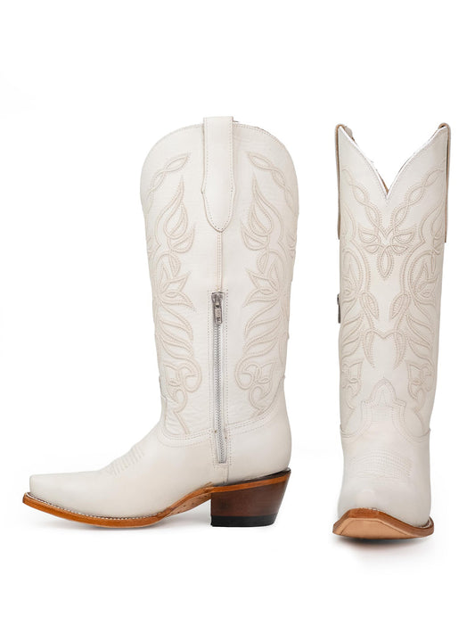 Snip-Toe Sleek Embroidery Half-Zip Knee High Cowgirl Boots For Woman - Ivory