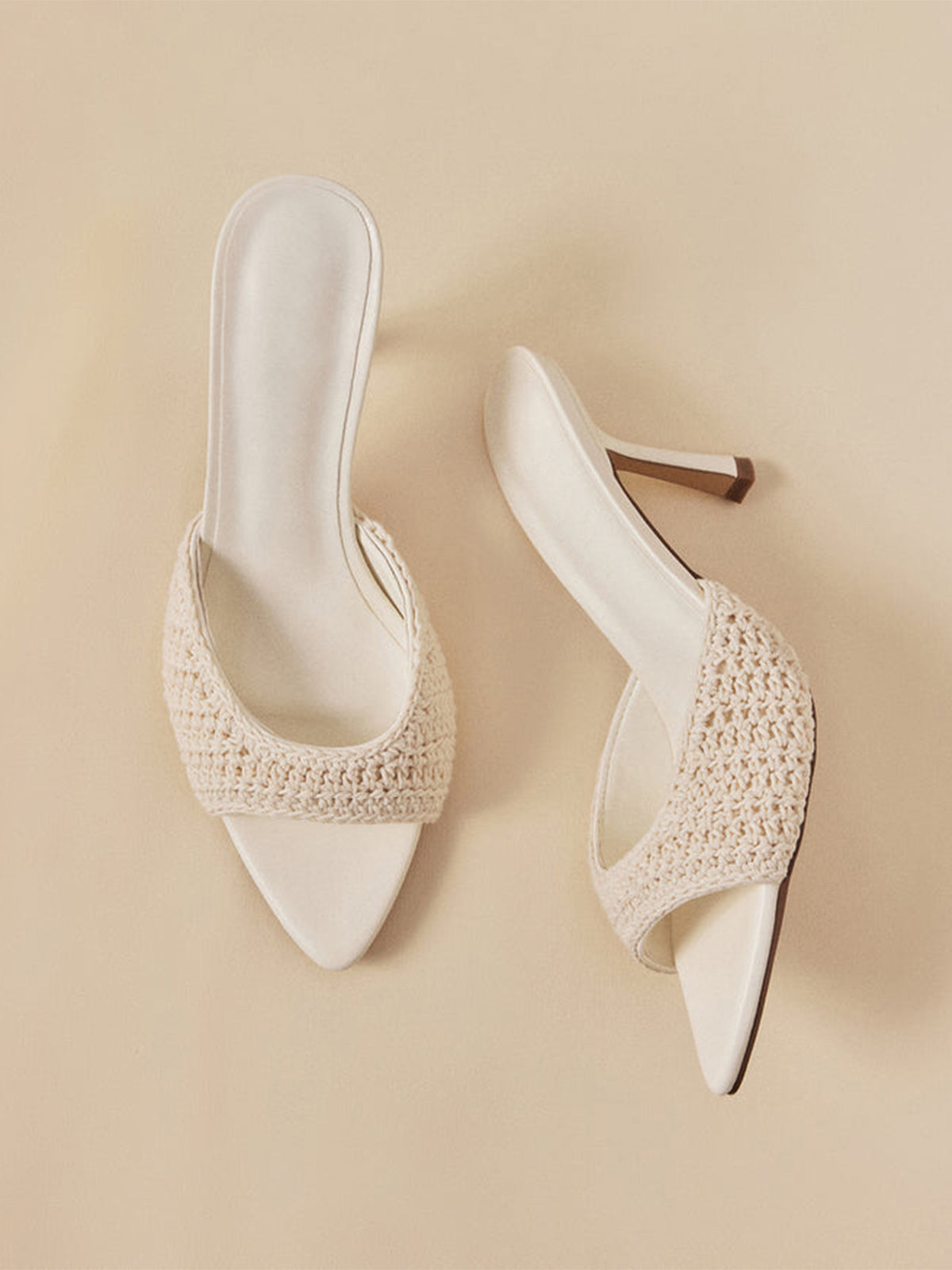 Ivory Wool Weaving Open Pointed-Toe Backless High Heels