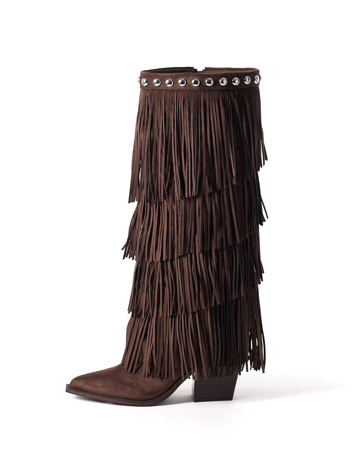 Chocolate Pointed-Toe Fringe And Studs Full-Zip Knee High Tall Cowgirl Boots