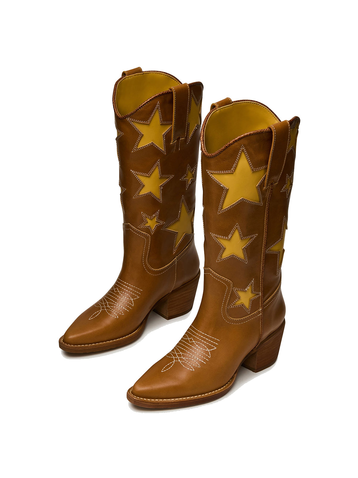 Tan Almond-Toe Strass Inlay Classic Mid Calf Cowgirl Boots