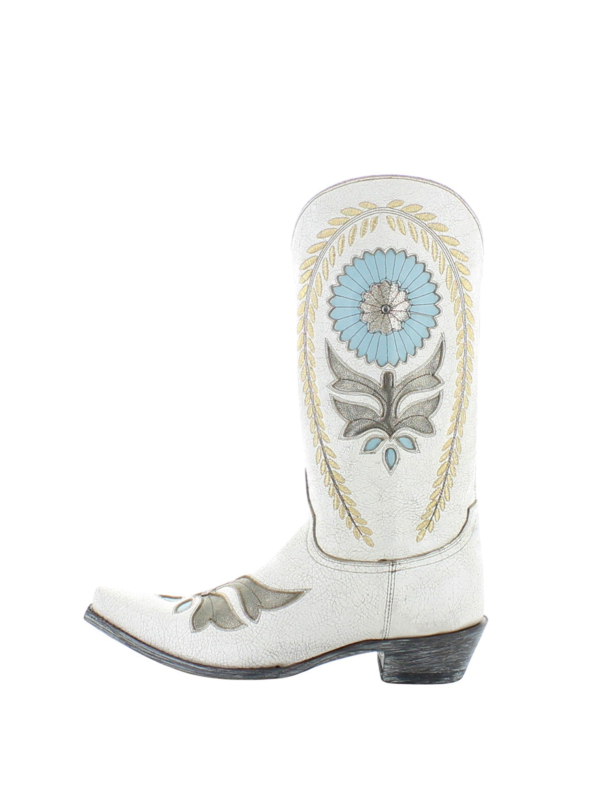 Distressed Ivory Snip-Toe Sunflower Inlay Rice Ears Embroidery Mid Calf Cowgirl Boots