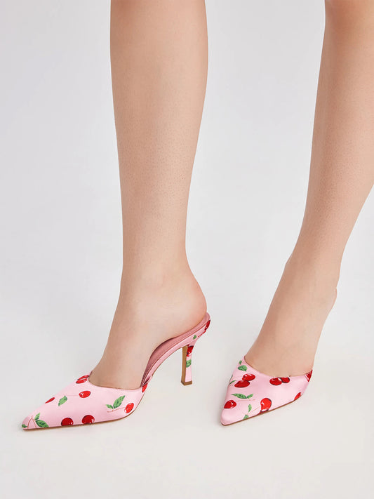 Pink Satin Pointed-Toe Cherry Pattern Slip-On High Heels