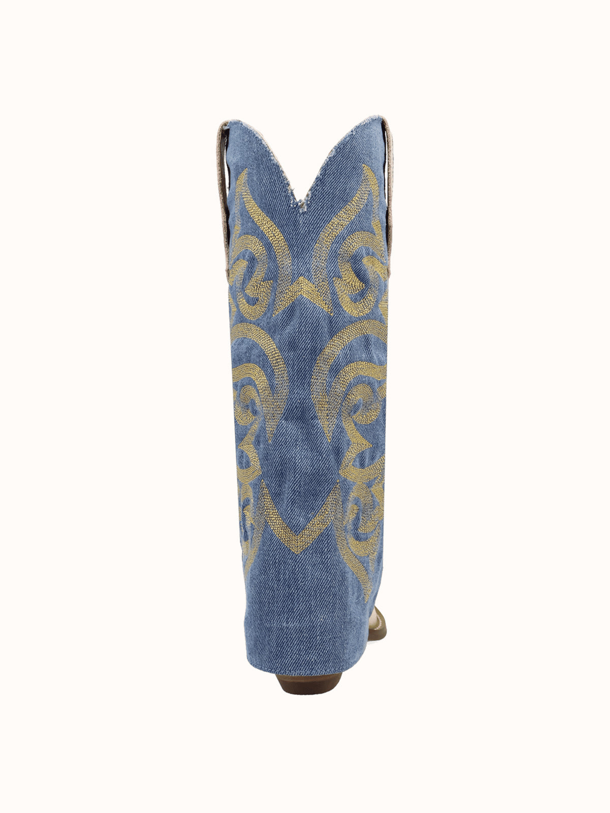 Blue Denim And Gold Snip-Toe Embroidery Fold-Over Wide Calf Knee High Cowgirl Boots