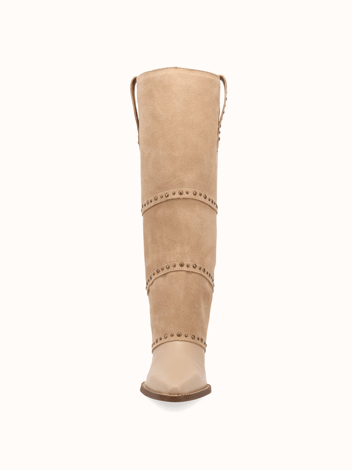 Sand Snip-Toe Faux Suede Fold-Over With Studs Wide Calf Knee High Cowgirl Boots