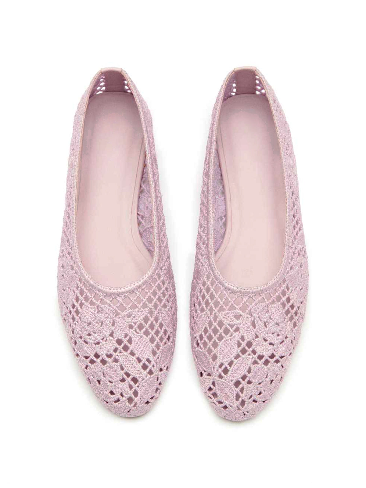 Blush Pink Woven Round-Toe Floral Embroidery Slip-On Flats