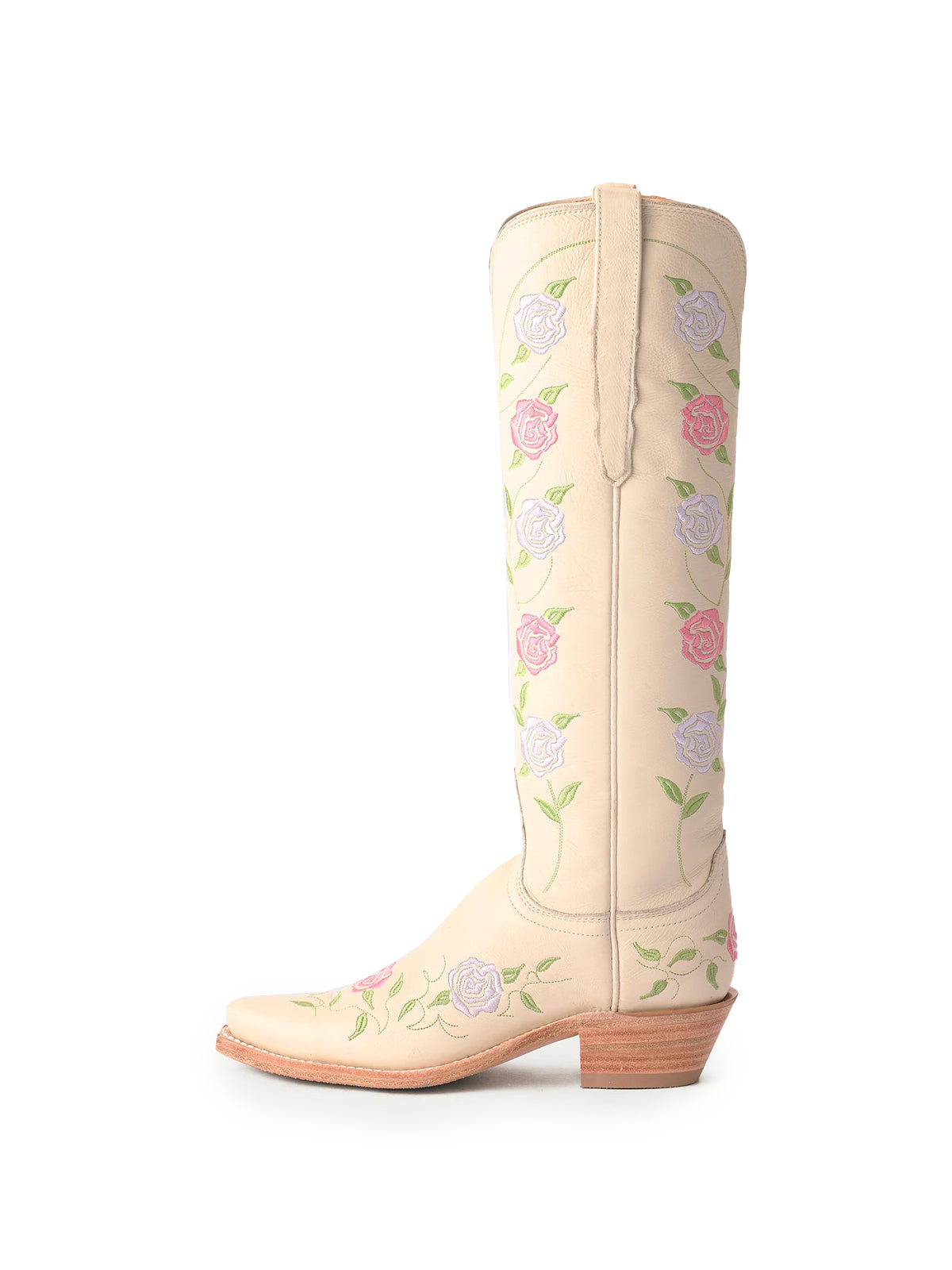 Cream Snip-Toe Rose Embroidery Wide Calf Knee High Cowgirl Boots