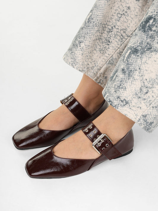 Burgundy Square-Toe Buckle Bridge Strap With Eyelets Ballet Flats
