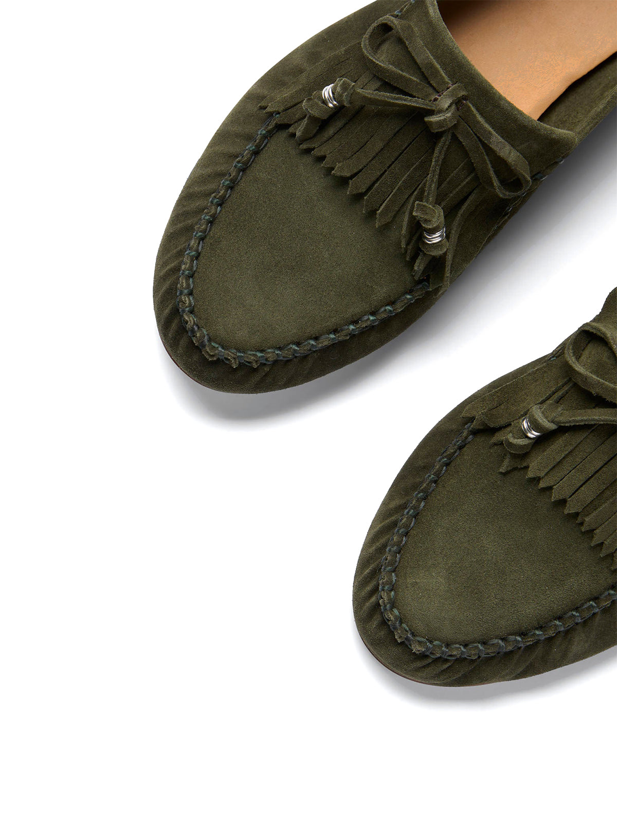 Coffee Cow Suede Round-Toe Front Fringe And Bow Loafers Flats