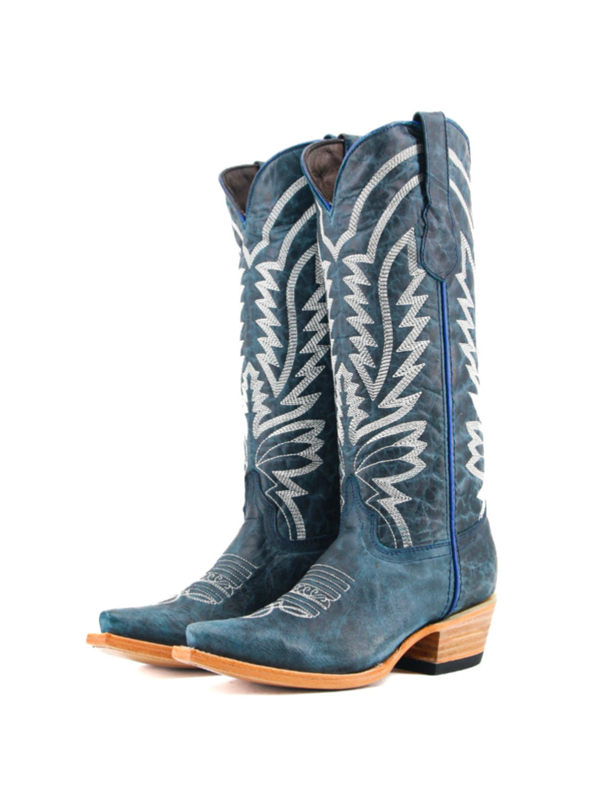 Snip-Toe Sleek Embroidery Wide Calf Knee High Cowgirl Boots For Woman - Navy