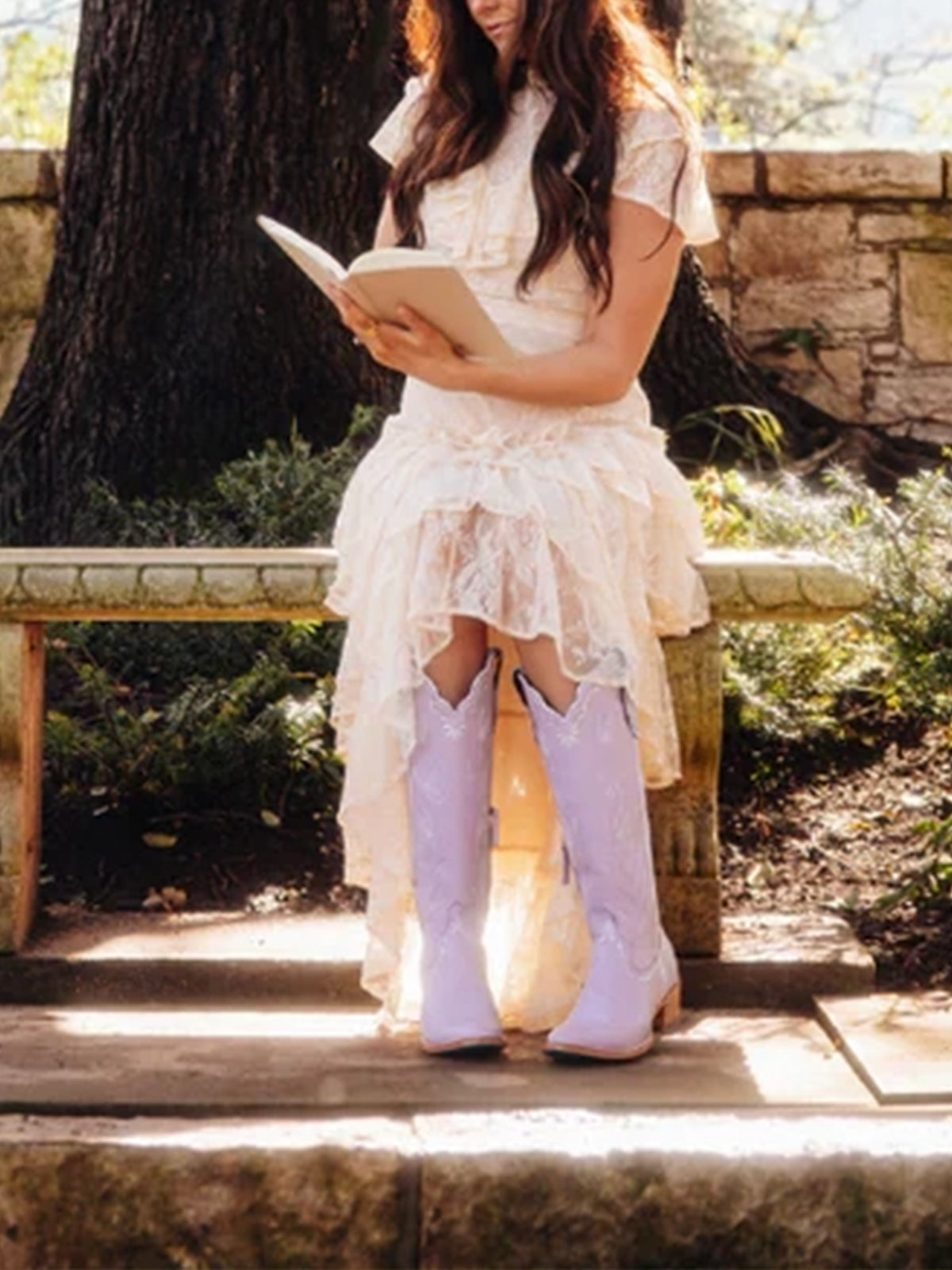 Almond-Toe Elegant Flowers Embroidery Knee High Half-Zip Cowgirl Boots - Lavender