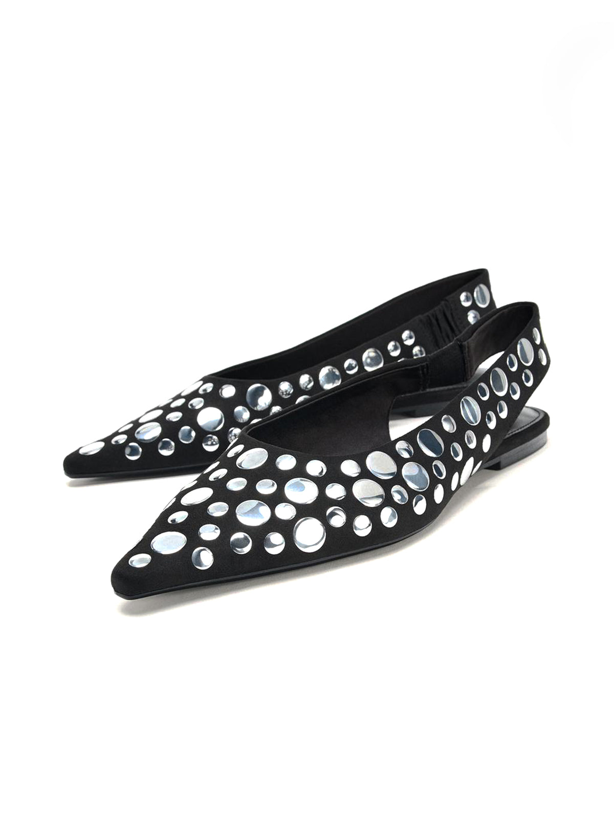 Black Faux Suede Pointed-Toe Full Big Studs And Slingback Flats