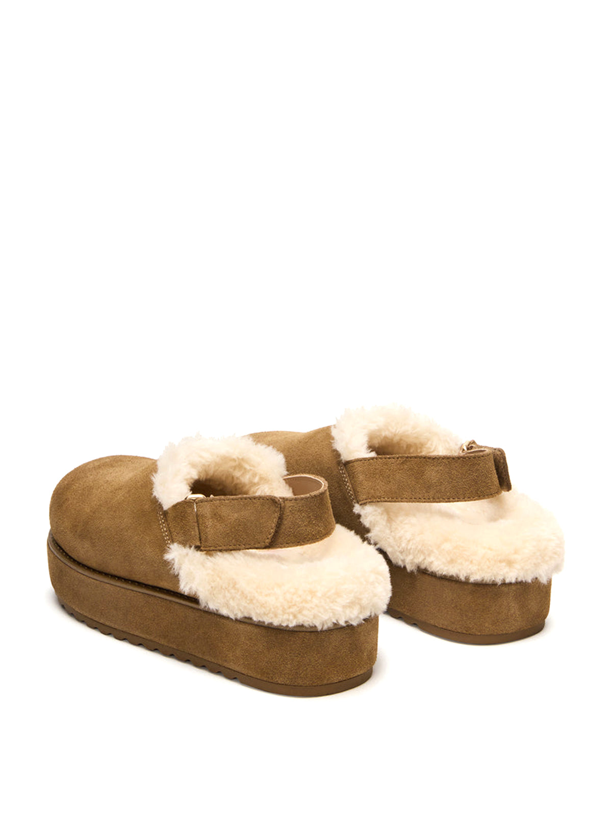 Cognac Faux Suede Round-Toe Slingback Platform Shoes With Faux Fur
