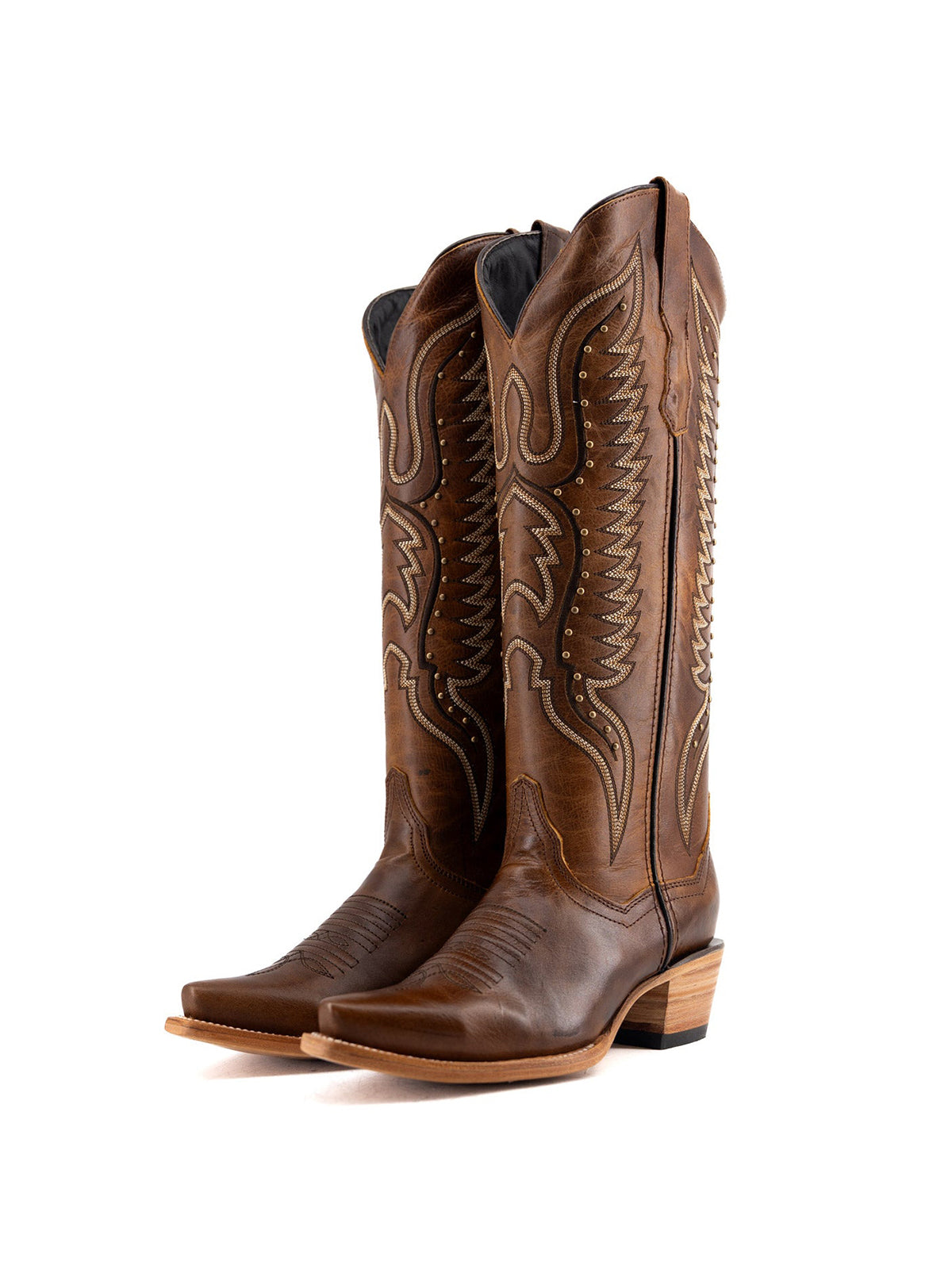 Western Snip-Toe Wings Embroidery And Studs Wide Calf Knee High Cowgirl Boots - Dark Tan