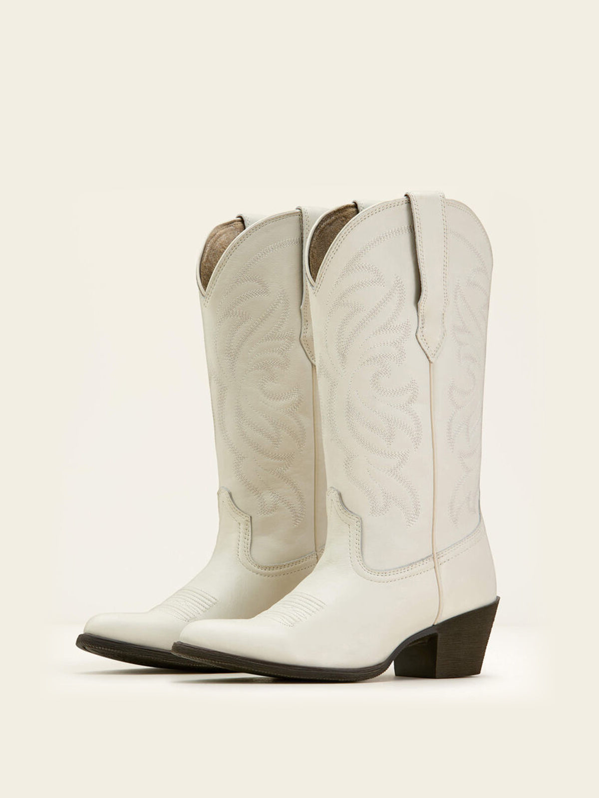 Mid Calf Almond-Toe Embroidery Cowgirl Boots - Cream