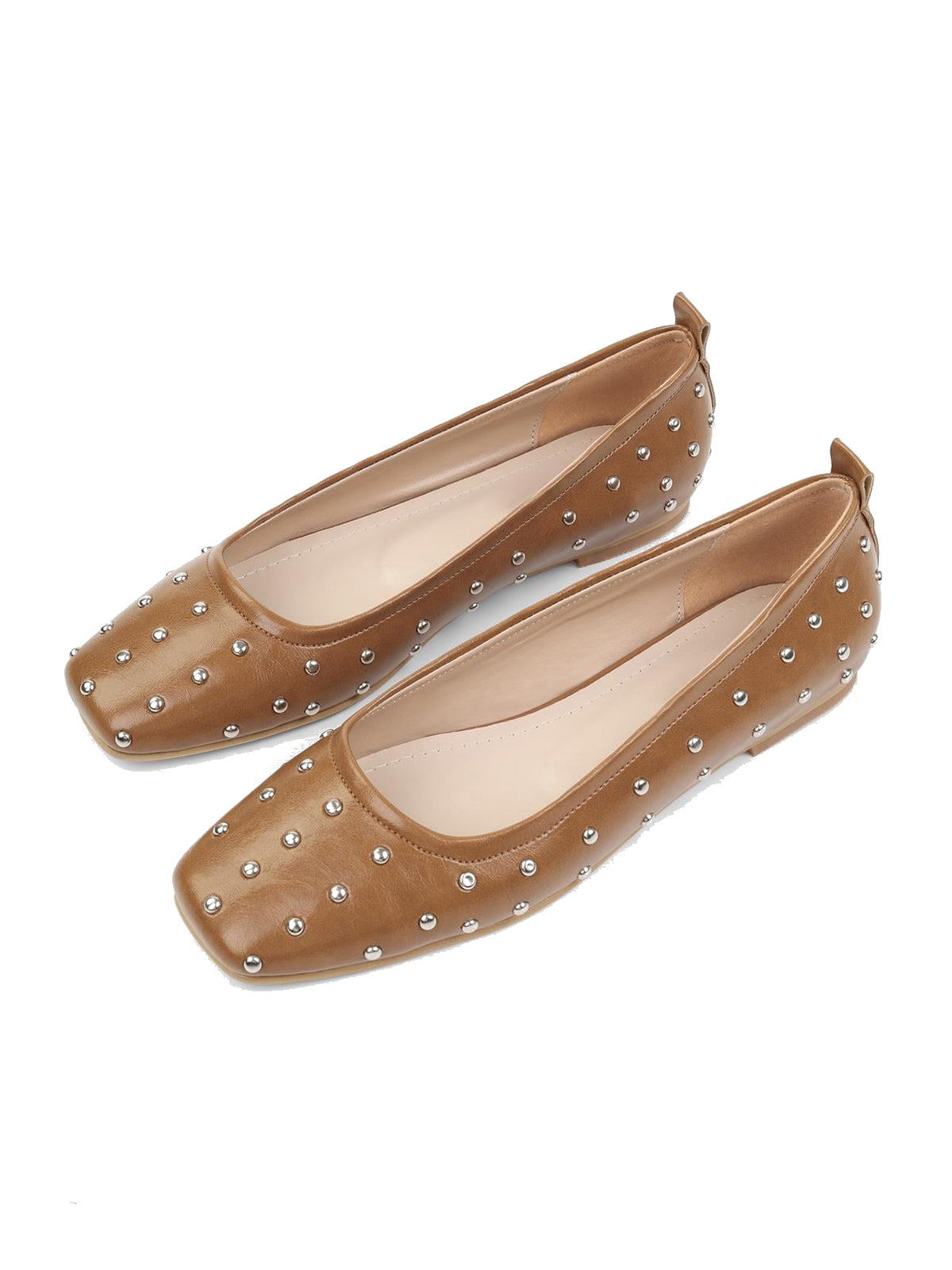 Caramel Square-Toe Tiny Studs Slip-On Flats