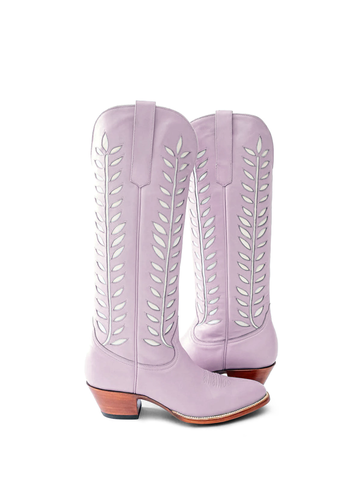 Almond-Toe White Leaves Inlay Wide Calf Tall Knee High Cowgirl Boots - Lavender