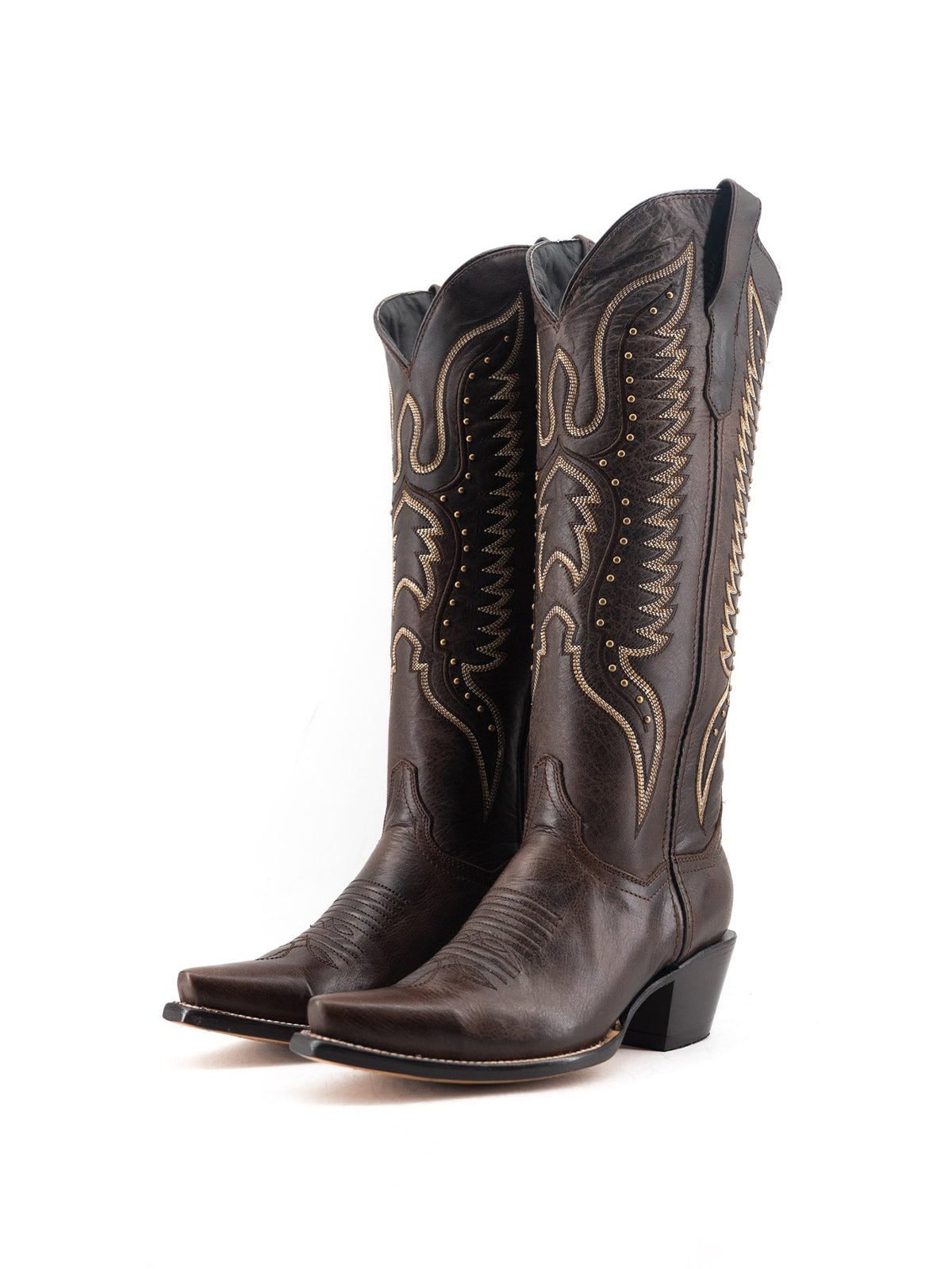 Western Snip-Toe Wings Embroidery And Studs Wide Calf Knee High Cowgirl Boots - Brown