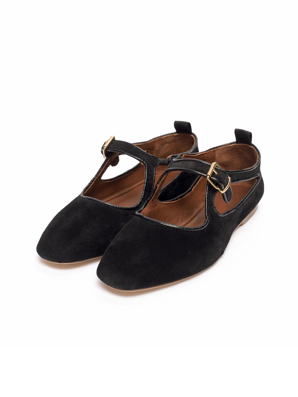 Square-Toe Buckle Strap Chic Flats - Black Faux Suede