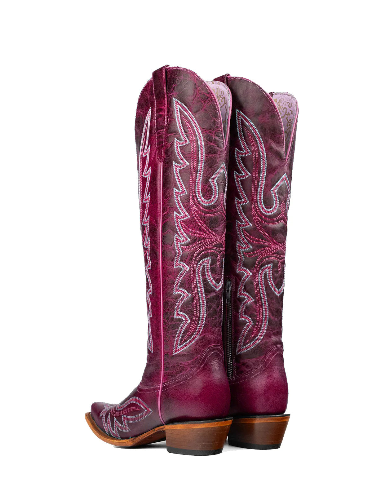 Distressed Burgundy Snip-Toe Embroidery Knee High Tall Half-Zip Cowgirl Boots