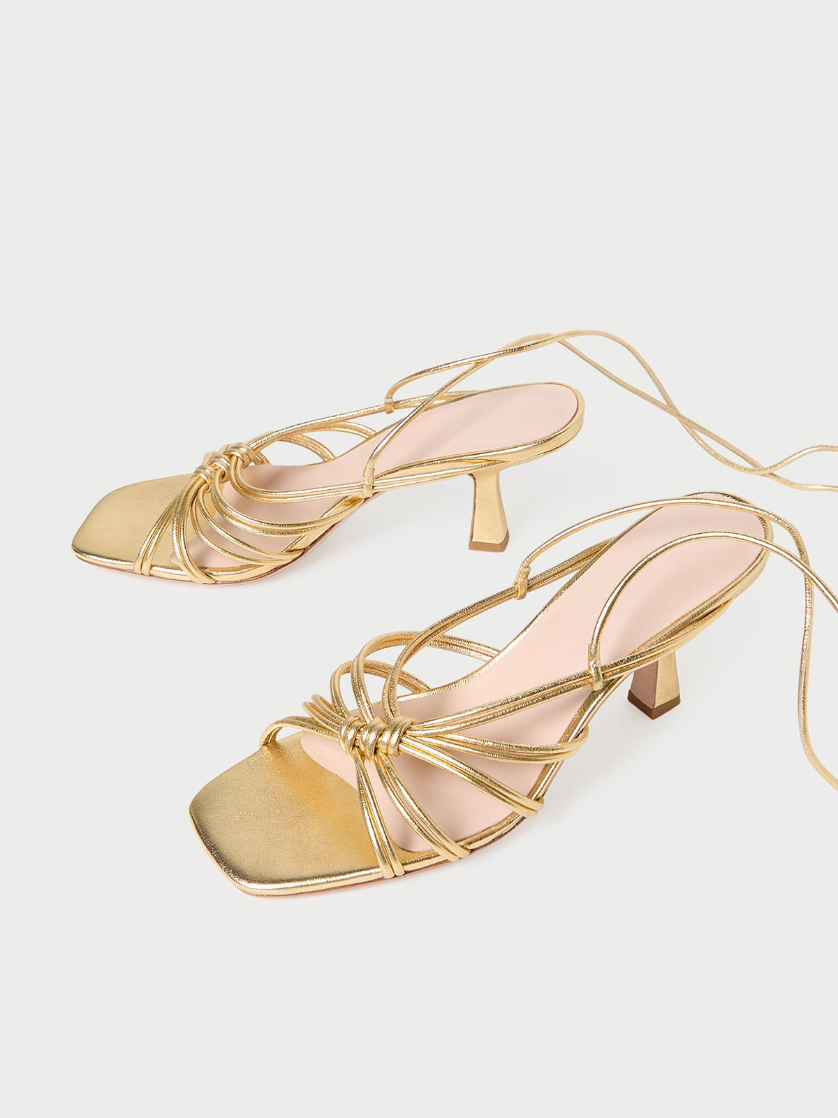 Metallic Gold Square-Toe Lace-Up Kitten Heels