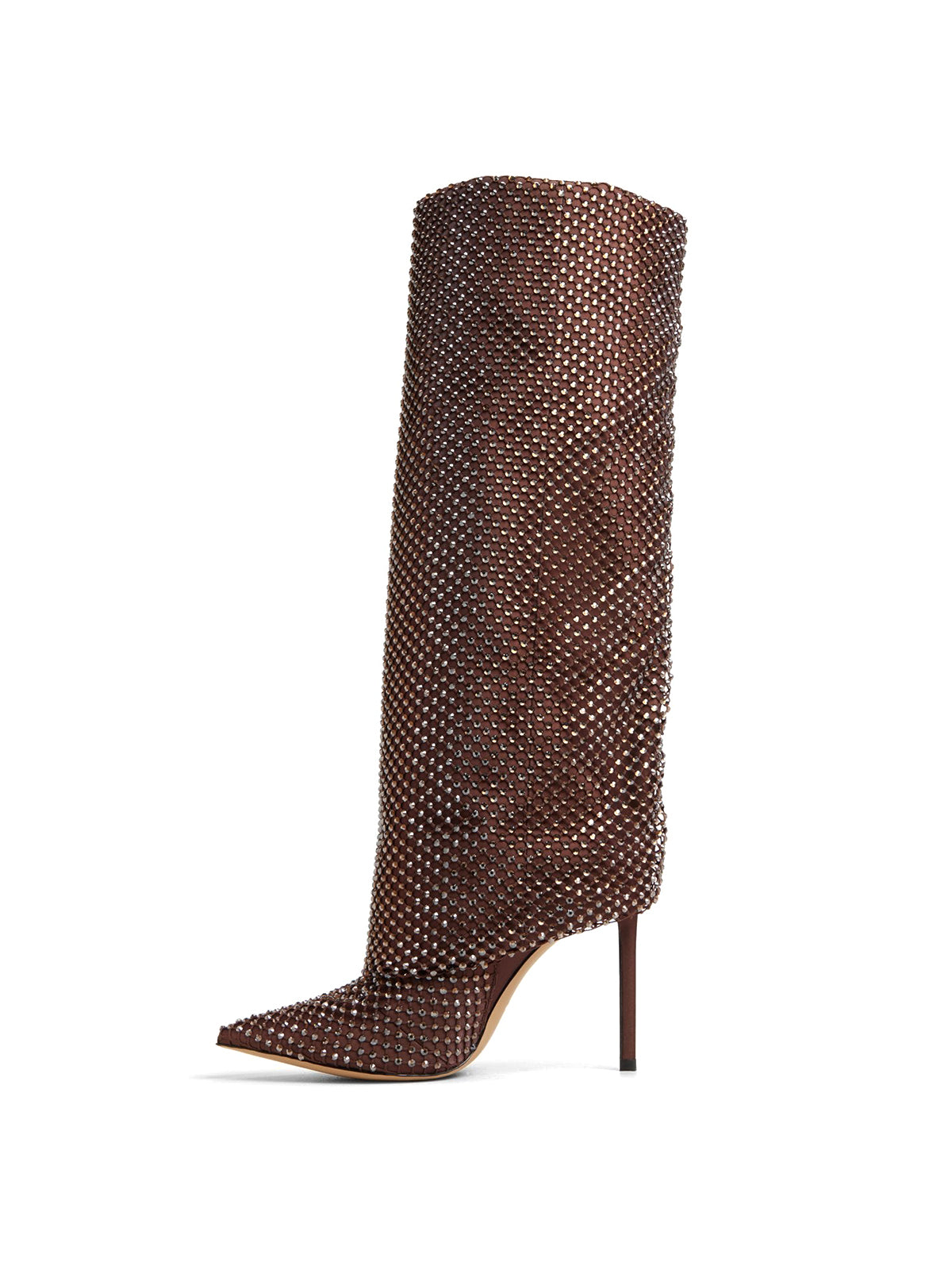Dark Brown Mesh Satin Pointed-Toe Rhinestone Knee High Stiletto Boots