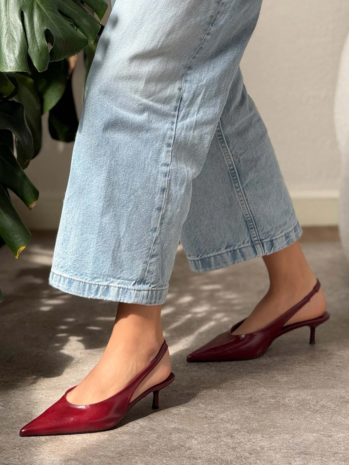 Slingback Pointed-Toe Kitten Heels - Burgundy