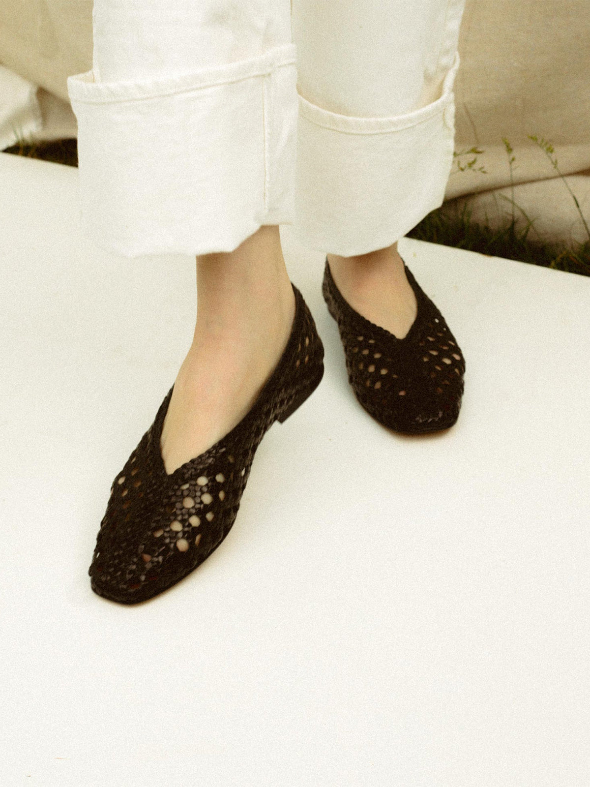 Black Woven Vegan Leather Square-Toe Chic Ballet Flats