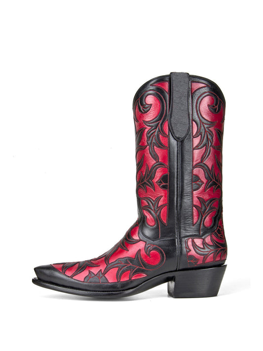 Contrast Red And Black Snip-Toe Decorative Inlay Mid Calf Cowgirl Boots