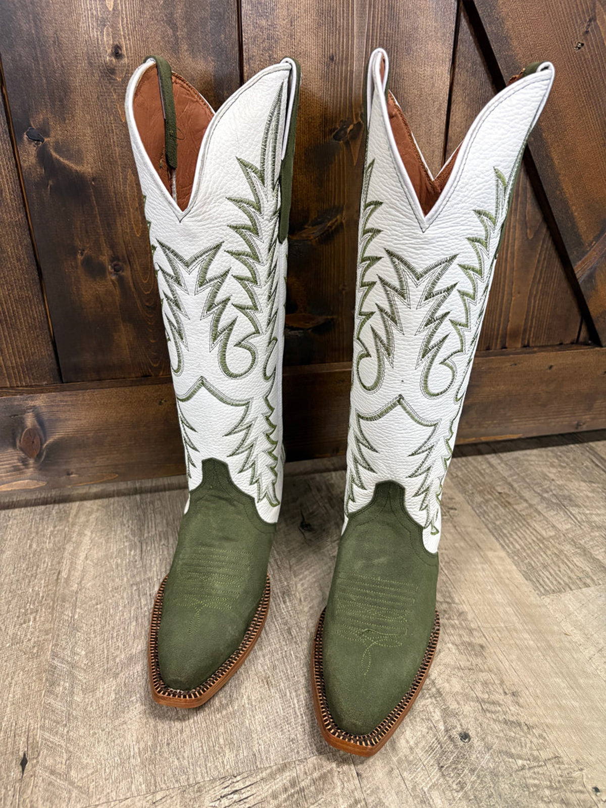 Contrast White And Green Snip-Toe Classic Embroidery Wide Calf Knee High Cowgirl Boots