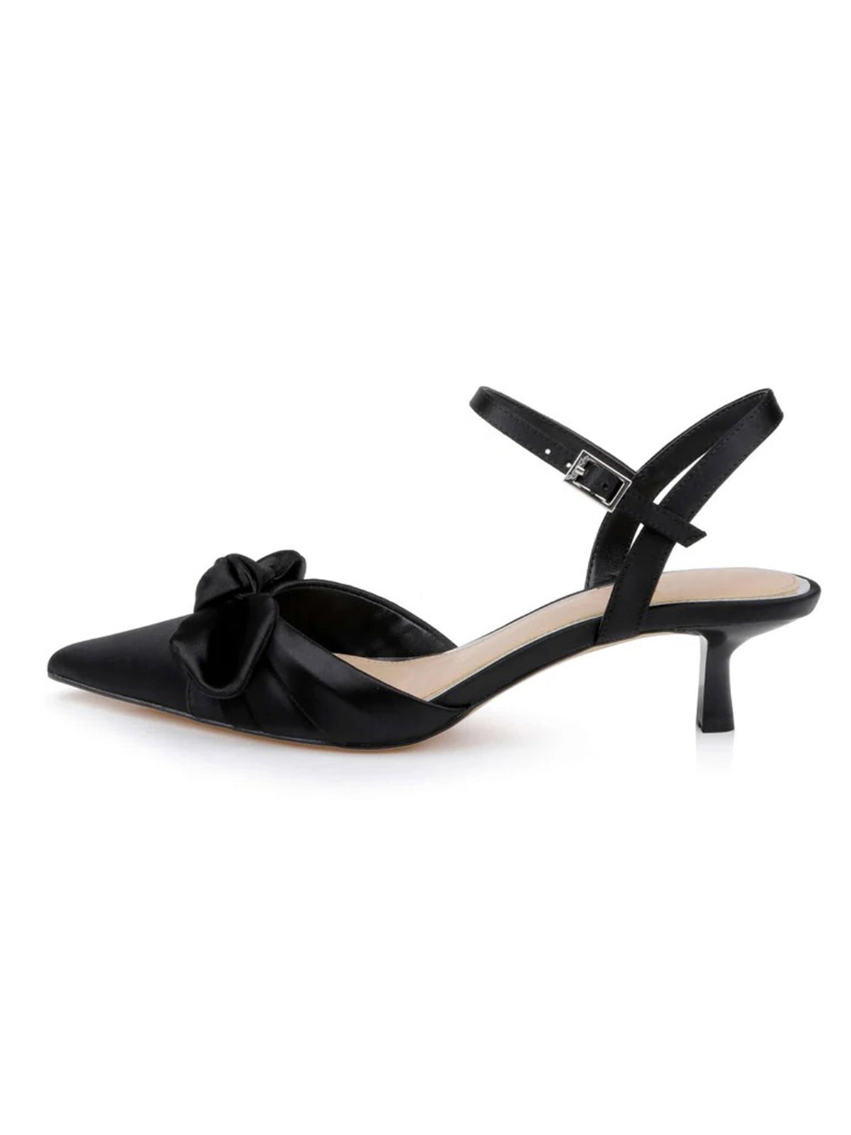 Black Satin Pointed-Toe Front Bow Crossed Slingback Chic Kitten Heels