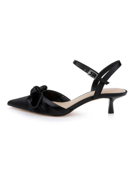 Black Satin Pointed-Toe Front Bow Crossed Slingback Chic Kitten Heels