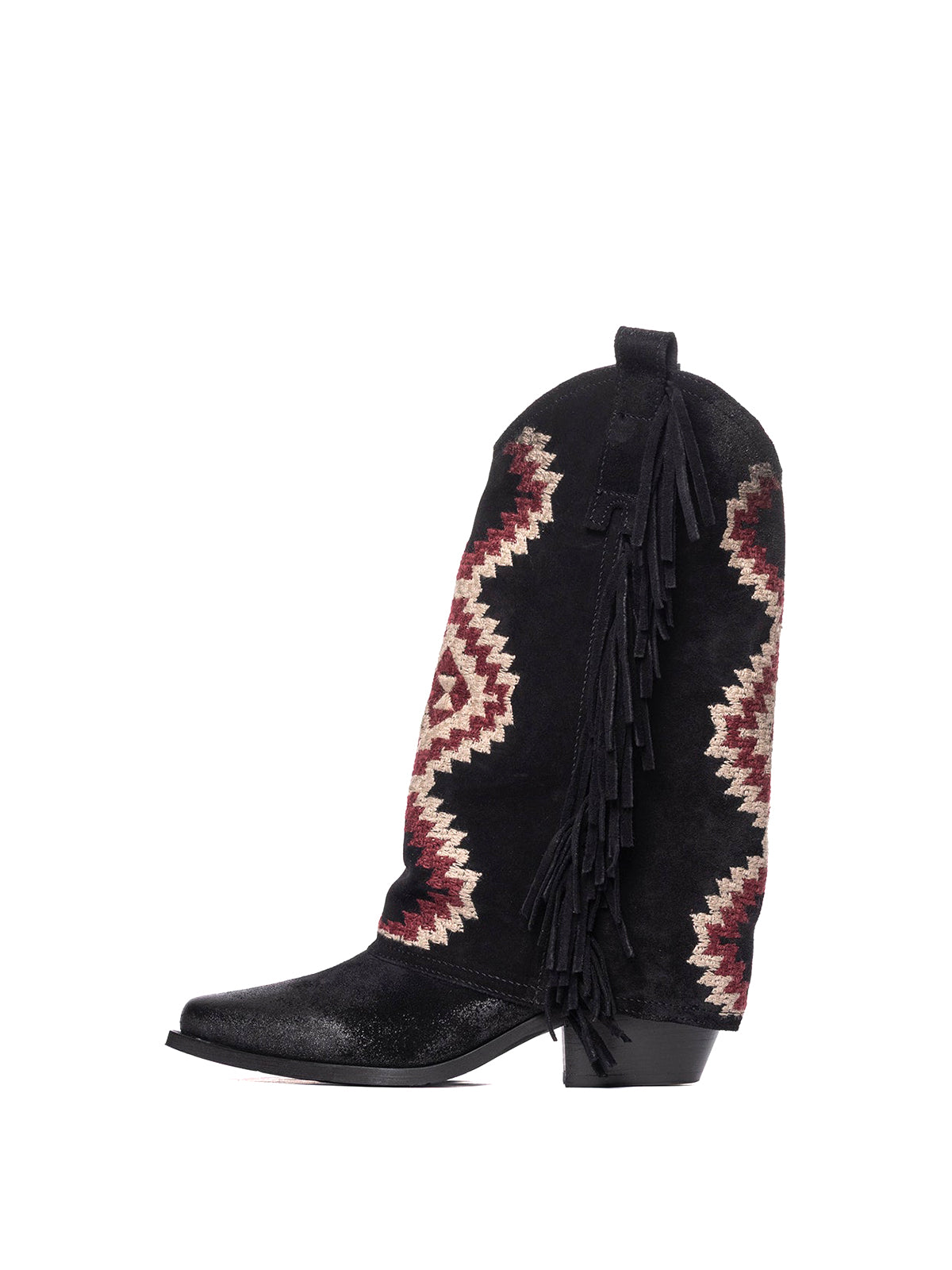 Side Fringe Snip-Toe Embroidery Fold-Over Mid Calf Cowgirl Boots - Black Faux Suede
