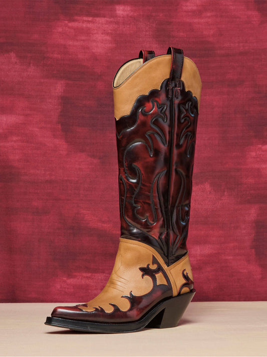 Contrast Burgundy And Tan Pointed-Toe Classic Embroidery Wide Calf Knee High Chic Cowgirl Boots
