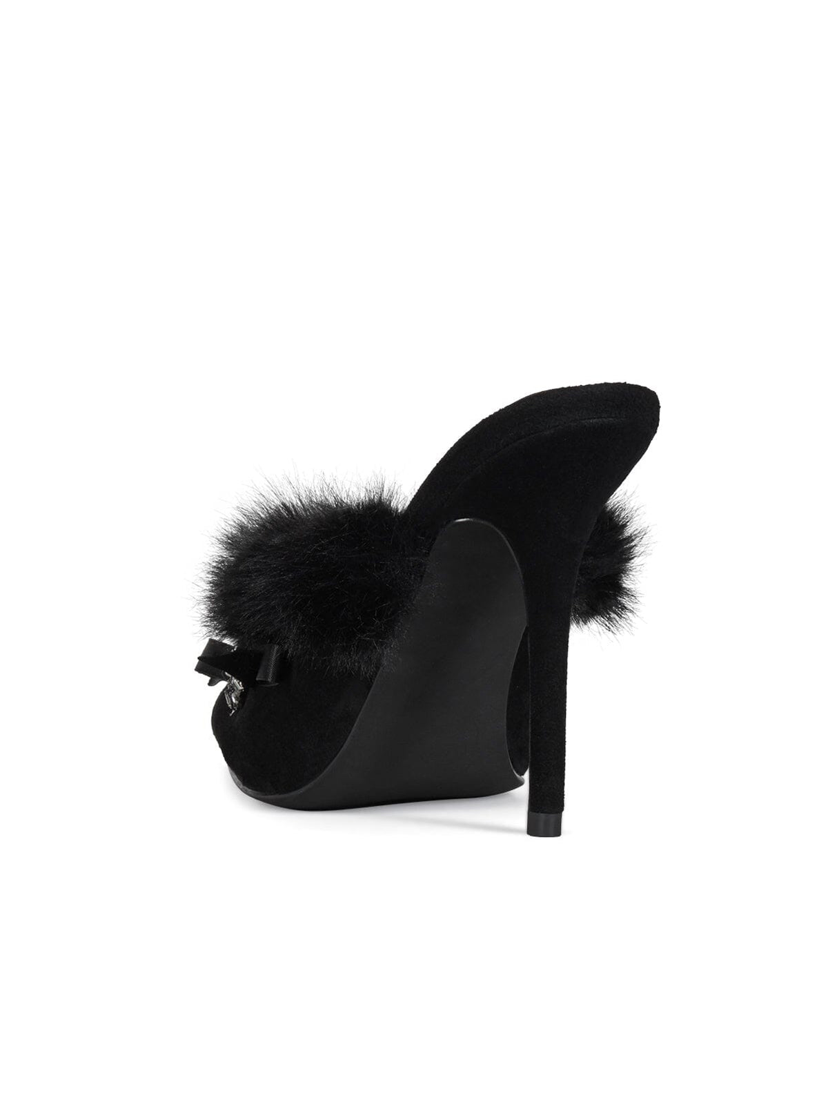 Black Faux Suede Pointed-Toe Plush Detail Backless High Heels