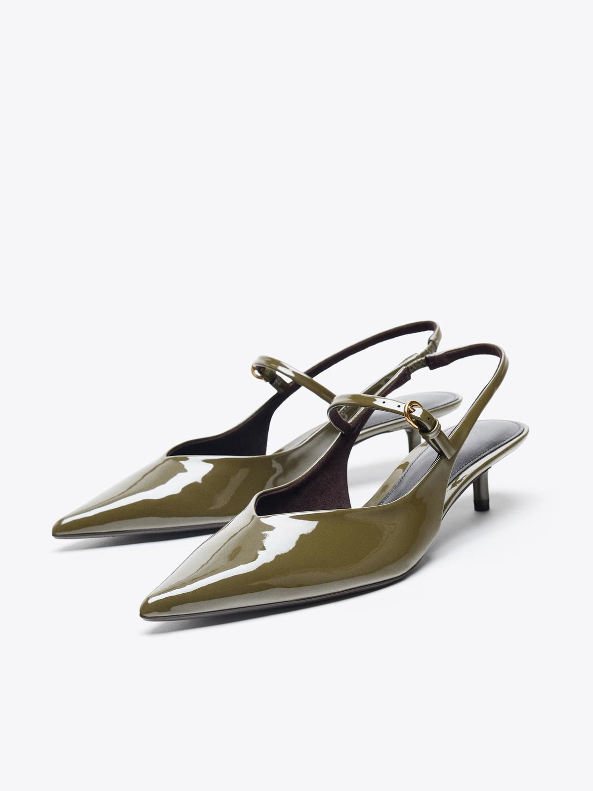 Patent Khaki Green Pointed-Toe Bridge Strap Slingback Kitten Heels