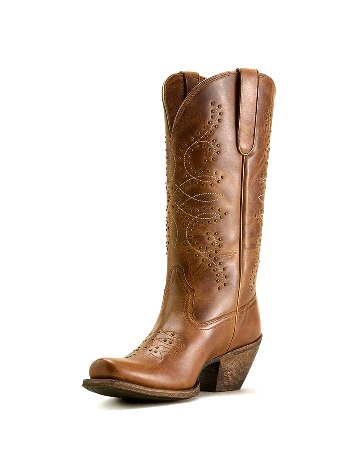 Tan Square-Toe Stitch And Studs Chic Mid Calf Cowgirl Boots