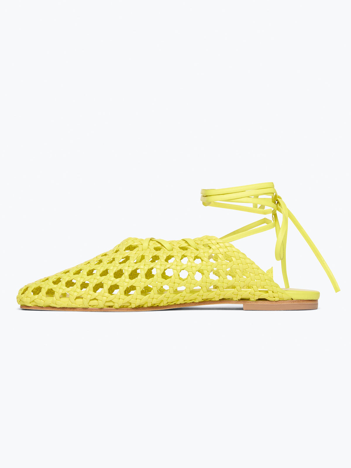 Woven Vegan Leather Square-Toe Ankle Lace-Up Backless Flats - Yellow