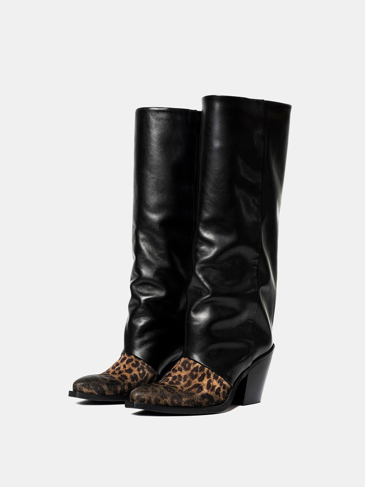 Contrast Black And Leopard Faux Suede Snip-Toe Wide Calf Knee High Cowgirl Boots