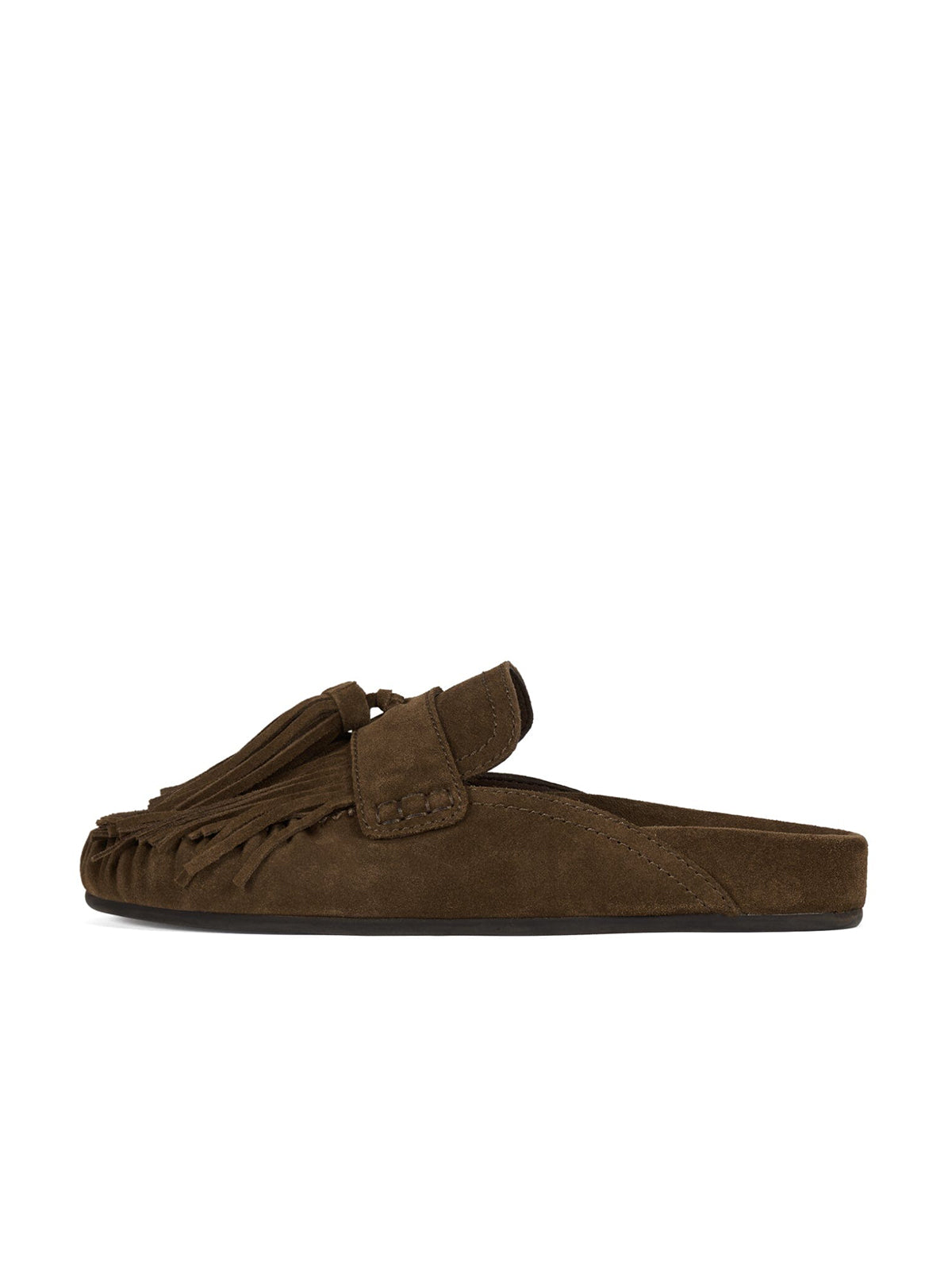 Khaki Faux Suede Round-Toe Front Fringe Backless Slip-On Flats
