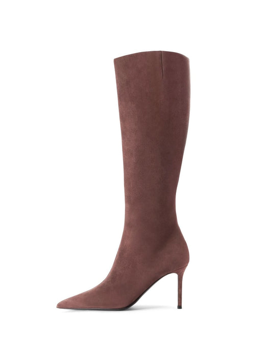 Brown Faux Suede Pointed-Toe Side Full-Zip Knee High Stiletto Boots