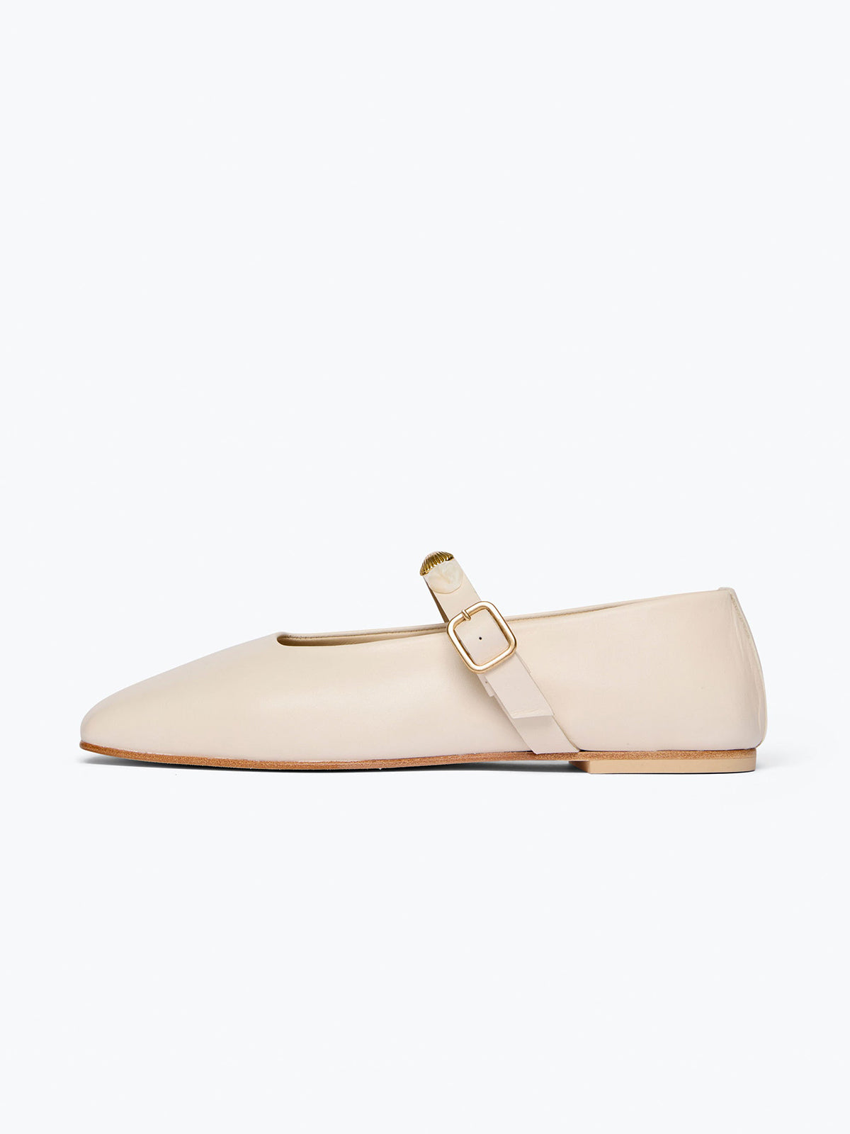 Bone Square-Toe Bridge Strap With Gold Shells Mary Jane Flats