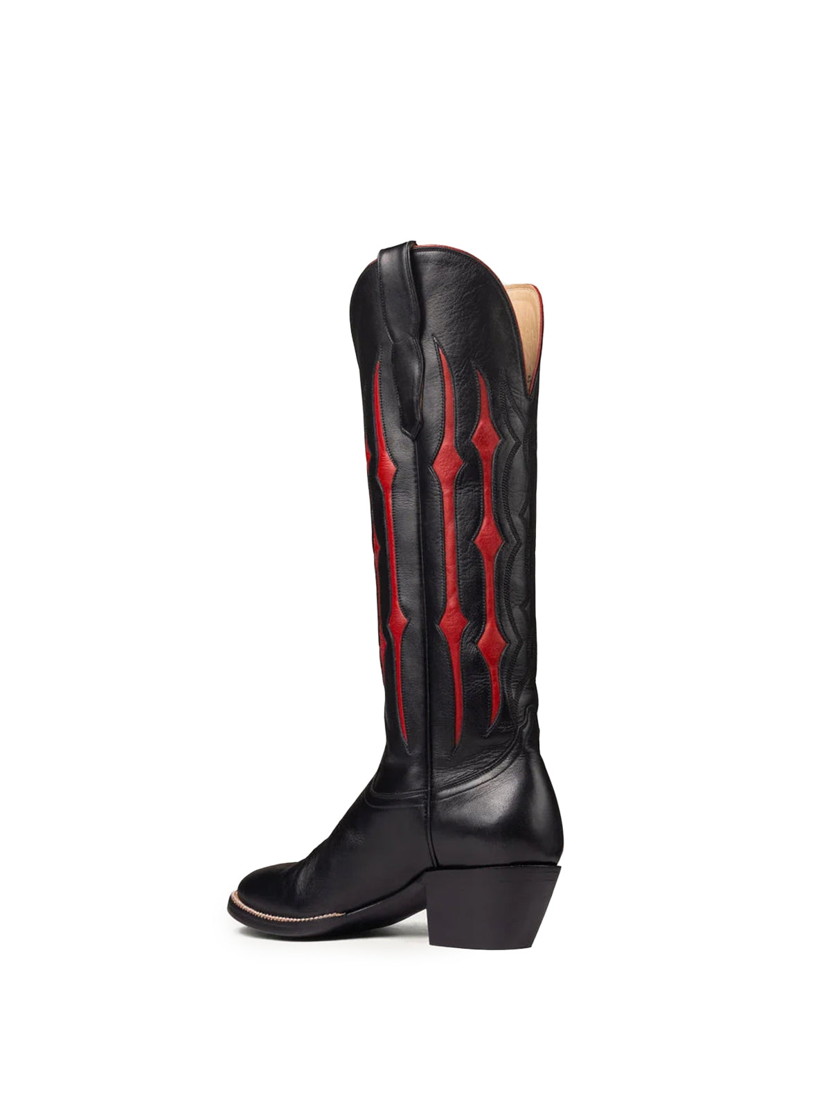 Black Contrast Red Inlay Stitch Almond-Toe Wide Knee High Western Cowgirl Boots