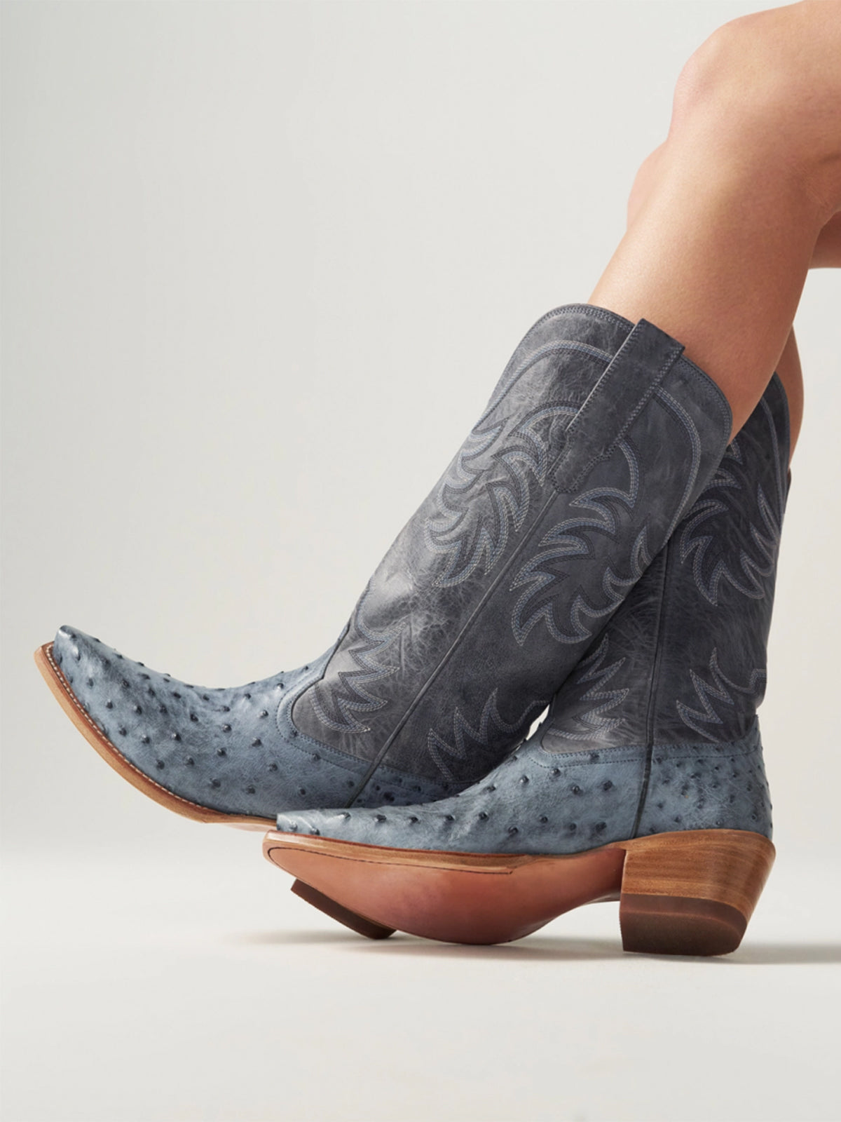 Contrast Dark Gray And Gray Blue Ostrich Pattern Snip-Toe Embroidery Mid Calf Cowgirl Boots
